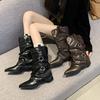 Fashion 2025 Spring and Autumn New Pointed Toe Metal Buckle Pleated Block Heel Side Zipper Mid-leg Boots