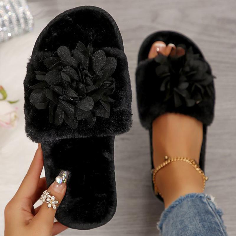 Fashion Elegant Floral Detor Cotton Slippers Women 2025 Solid Color Slip On Fur Slippers for Woman Faux Fur Indoor Plush Slides Female