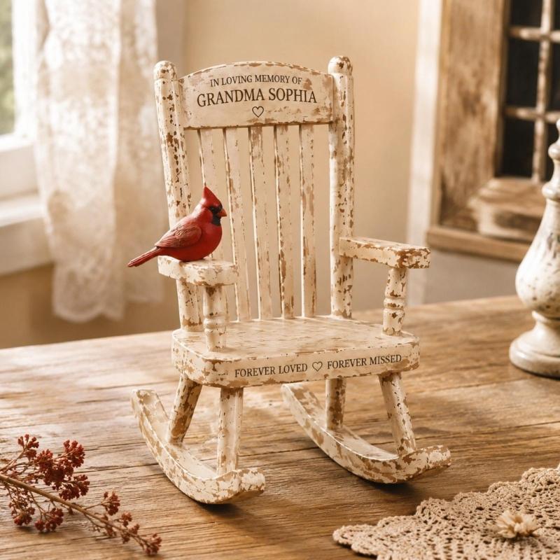 Colored Bird-on-Chair Figurine with Forever Missed Inscription, Raised Rocking Chair Form, and Cream-and-Brown Color for Indoor Shelf Display