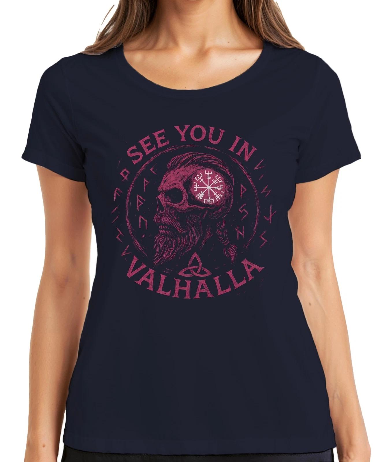 Wikinger Schädel Vegvisir Runen Dreiknoten See you in Valhalla Damen T-Shirt XXL