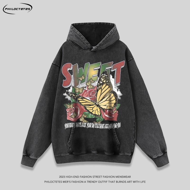 Unisex Oversized Cotton Hoodie With Butterfly Print Streetwear Casual Long Sleeve Pullover Winter