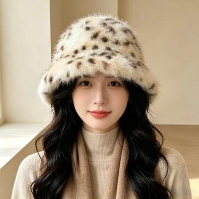 New Leopard Print Imitation Fox Hair Bobcat Bucket Hat Female Winter Thickened Warm Ear Protector Hat Shows Small Face