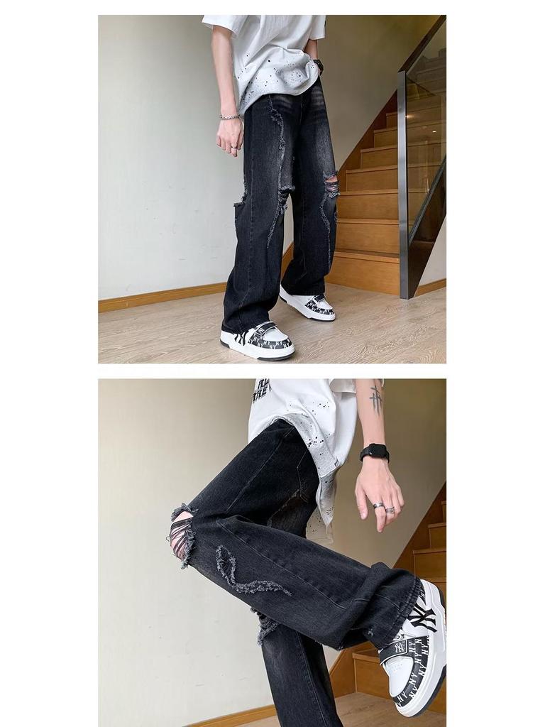 Men's Washed Ripped Jeans - Loose Straight Fit, Summer Vibes, Retro High Street Style