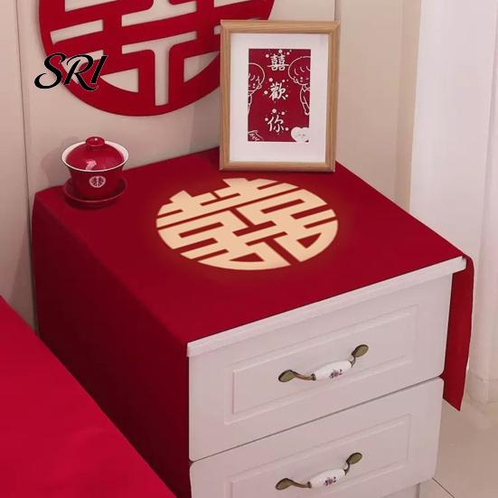 Tablecloth Dust Cover Chinese Wedding Nightstand Burgundy Satin Bedside Table Furniture Protector Dustproof Cloth for Bedroom Decor