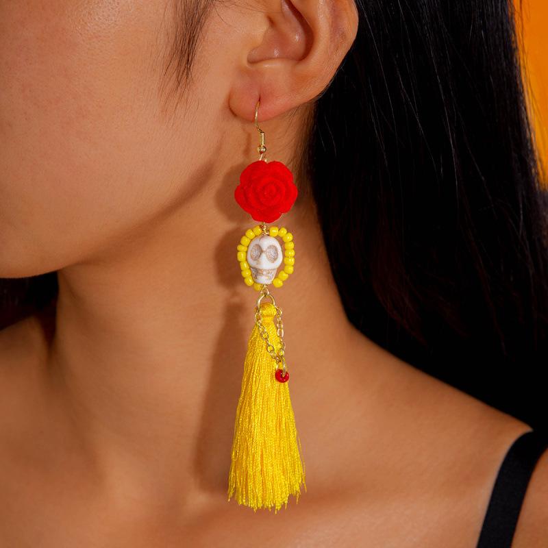Halloween, Divertenti Divertenti Orecchini con Tassel Teschio Perline di Riso Creativi Orecchini a Rosa