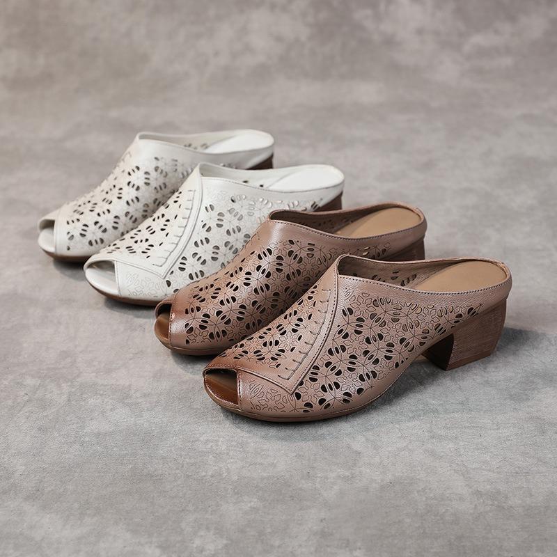 Summer new leather slippers women's thick high heels wear retro sandals comfortable fish mouth mother sandals