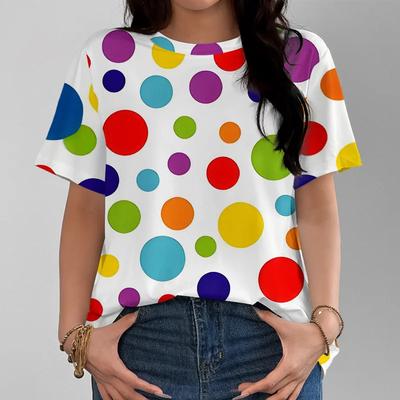 T-shirt feminina de bolinhas coloridas ousadas casual moderna e confortável branca manga curta