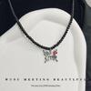 Fashionable Necklace Adornment With Black Crystal Beads Highlighting Heart And Butterfly Symbols For Modern Women