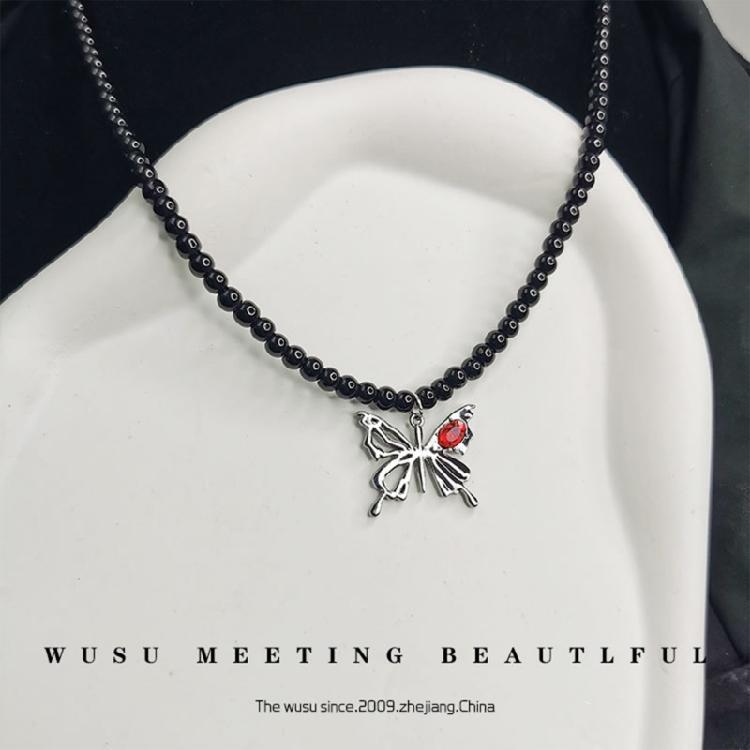 Fashionable Necklace Adornment With Black Crystal Beads Highlighting Heart And Butterfly Symbols For Modern Women