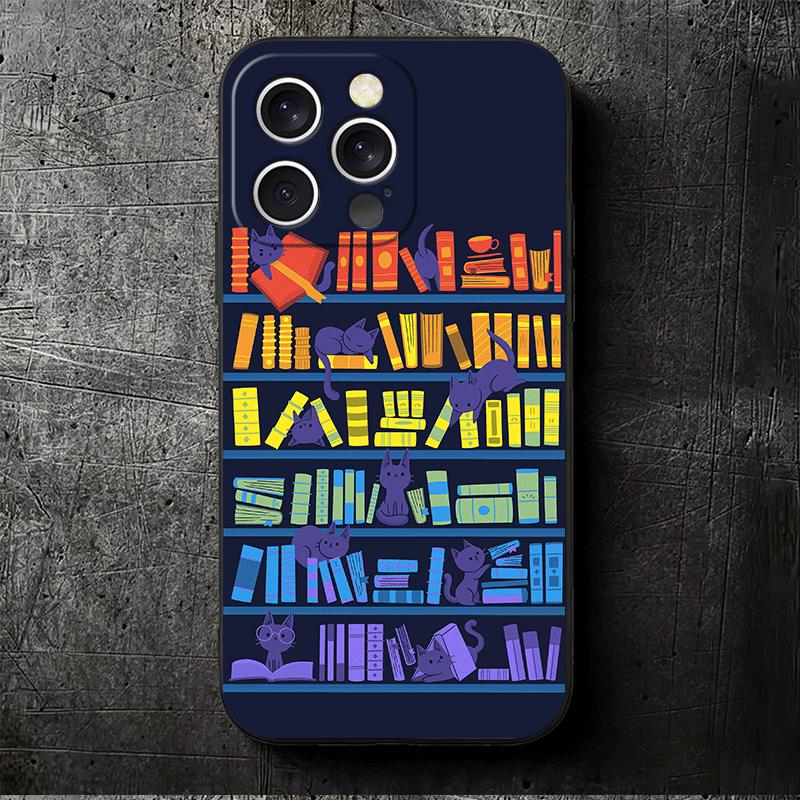 Cute Cat Bookshelf Interesting Soft Phone Case for iPhone 16 16E 17 Air 15 Pro Max 14 Plus 13 Mini 11 12 7 Black Cover Back Shel