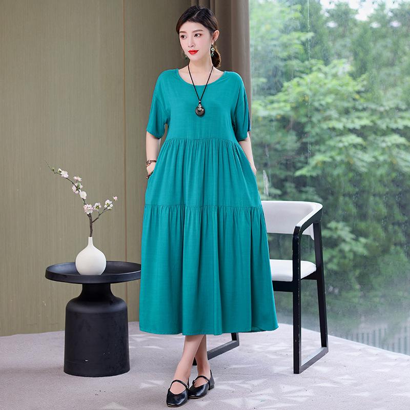 Women's 2022 Summer Solid Cotton Linen Dress - Slimming, Belly-Covering, Plus Size Long Dress