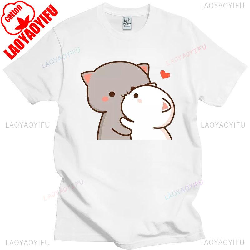 Pfirsich Katze Goma und Mochi Selfie T-Shirt Sommer Baumwolle Kurzarm T-Shirts Niedlicher Druck T-Shirt Mode Harajuku Lustige Partner Tops