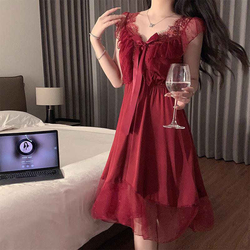 

New sexy pajamas lace mesh deep V suspender pajamas women s pure desire loungewear set XL