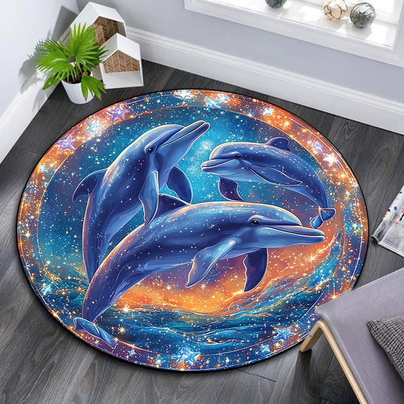 Dolphins Round Area Rug,Carpet Rug for Living Room Bedroom Sofa Playroom Decor,Non-slip Floor Mat