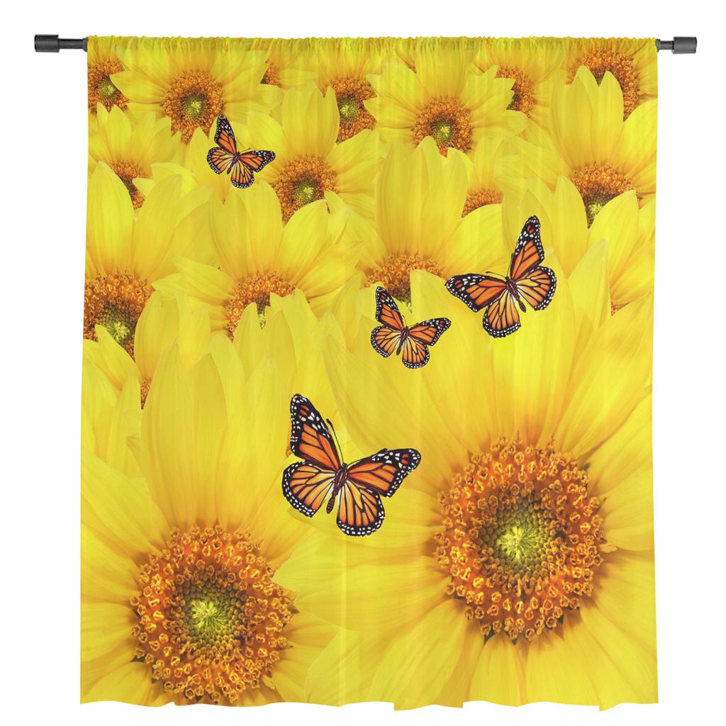 Yellow Sunflower Butterfly Flowers Plant Sheer Curtains for Living Room Decoration Window Curtains Kitchen Tulle Voile Curtains