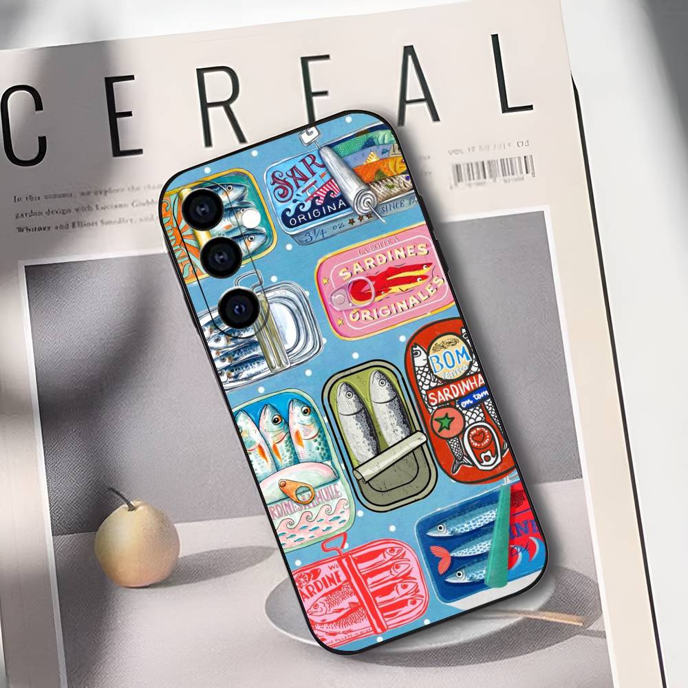 Sardines Fish Art Canned Food Phone Case For Samsung Galaxy A73,A72,A71,A70,A53,A52,A51,Soft Silicone Black Cover