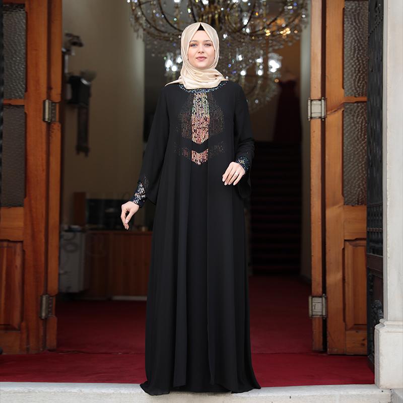 Women Plus Size Hijab Evening Dress Invitation Special Occasion Wedding High Quality Chiffon Fabric Muslim Turkish Stamp Sequin