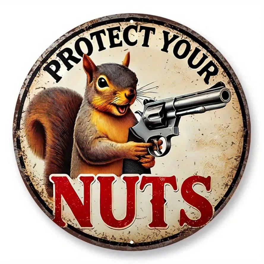 

Tin PaintingProtect Your Nuts Squirrel Humor Vintage Aluminum Wall Art Sign For Bar Cafe Beach House Backyard Decor 20x20cm(8x8inch)