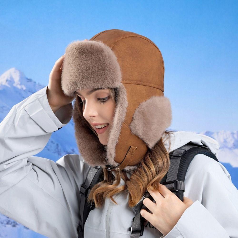 Windproof Faux Fur Pilot Cap Thickened Ski Pullover Cap Casual Ear Protection Hat Winter