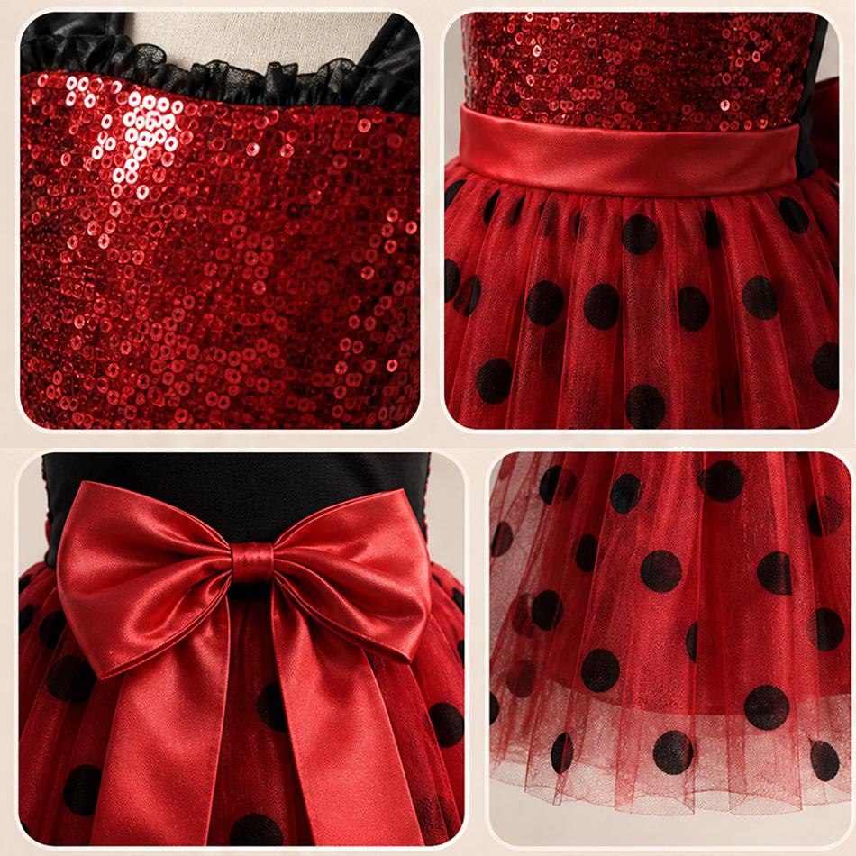 Kids Ladybug Red Polka Dot Tulle Dress, Girls Puffy Dress with Bag & Mask, Size 100-150