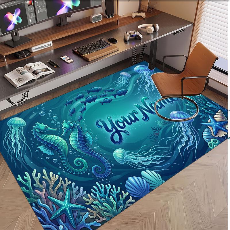 Fish Ocean Theme Soft Crystal Velvet Rug Custom Name & Text Print Non Slip Floor Rug for Bedroom Living Room