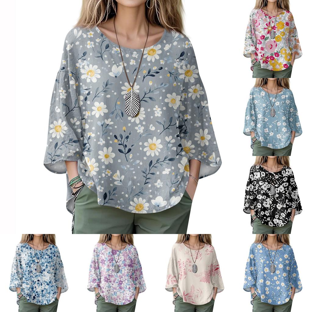 Summer Tops For Women Cute O Neck 3/4 Sleeve Blouses Floral Print Top Casual Shirts