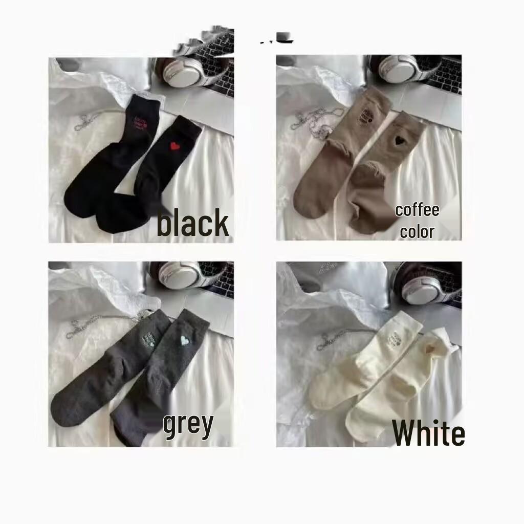 

Асимметричные носки женские средней длины с вышивкой в виде сердца - Влагоотводящий хлопок для осени и зимы One Size белый