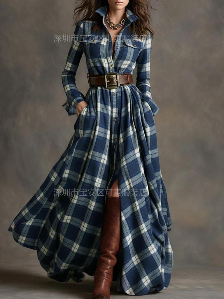 New retro plaid waist and thin irregular design lapel long-sleeved dress women