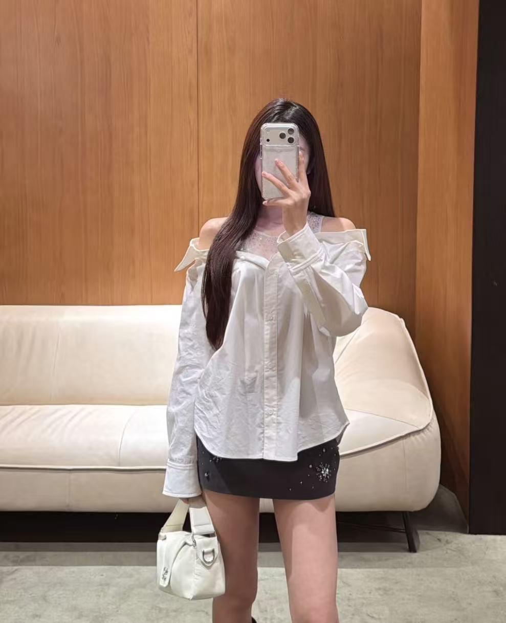

Женский асимметричный топ с сеткой и стразами Nanyou Spring Medium белый