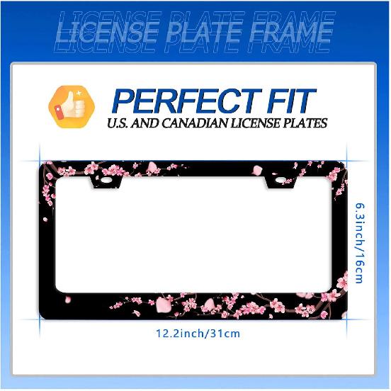 Cherry Blossom License Plate Frame Beautiful Flowers Pink License Plate Stainless Steel Funny License Plate Holder Floral Car Accessories Decoration