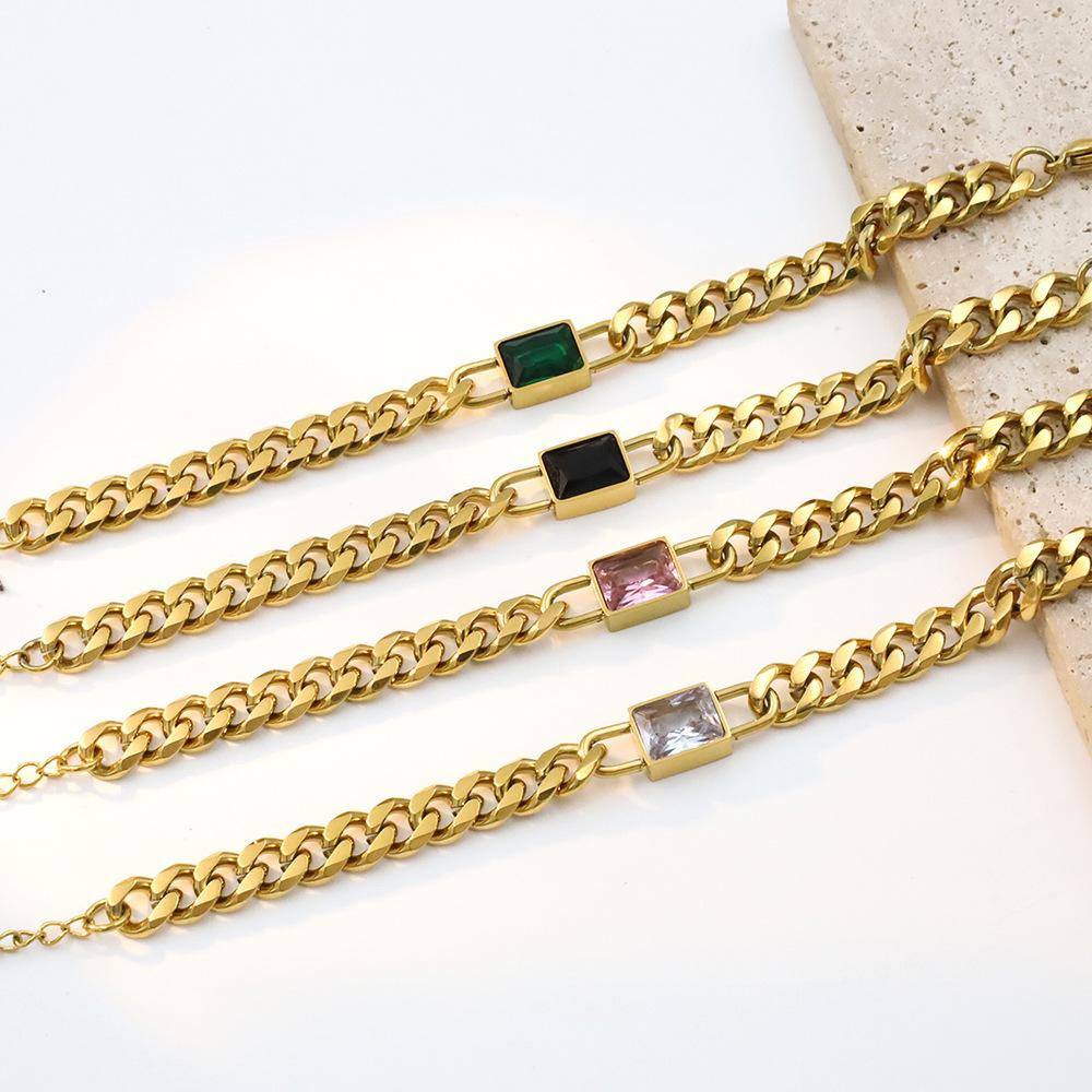 18K Gold Cuban Chain Square Zircon Bracelet, High-End Niche Color Zircon Titanium Steel Bracelet Jewelry.