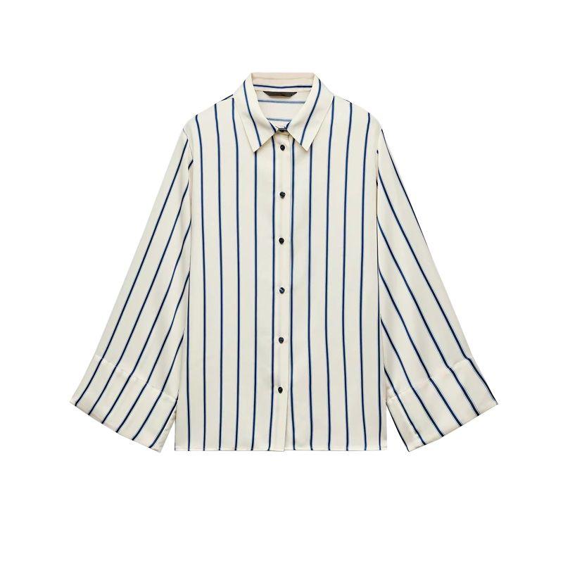 

Spring New Women clothes Lapel Vertical Temperament All-Match Wide Sleeve Stripe Shirts 7969022 7969021 Blue Bar L