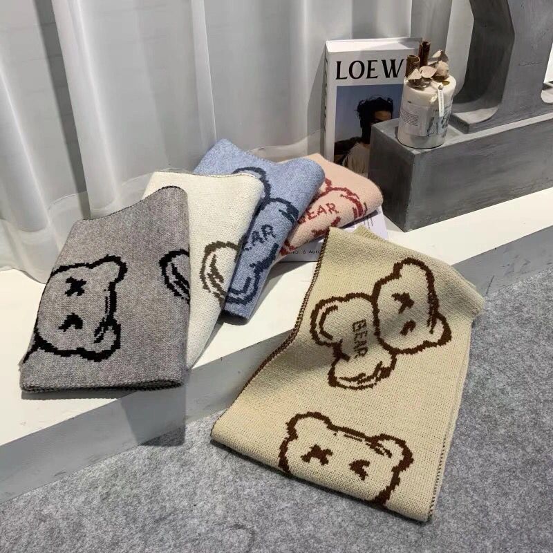 Autumn and Winter Warm Long Couple Scarf Student Korean Version Double-sided Printing Cute Bear Knitted Scarf Female
