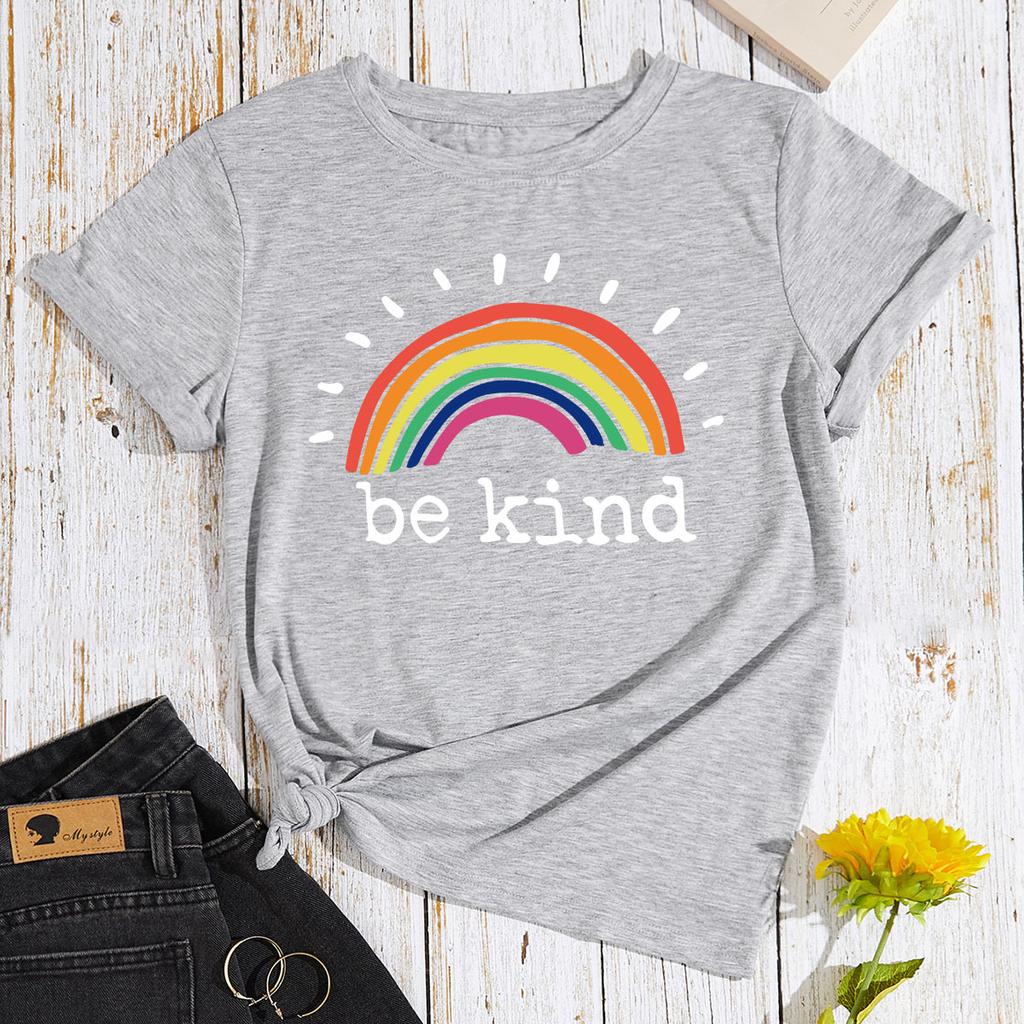 BE KIND Cotton T-Shirt Short Sleeve Round Neck Women 2d Print Tops