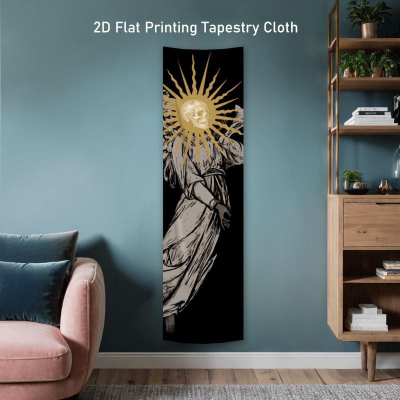 Skull Angel Sunburst Long Tapestry, Black Gold Gothic Print Wall Hanging, Occult Dark Academia Themed Decor For Bedroom & Living