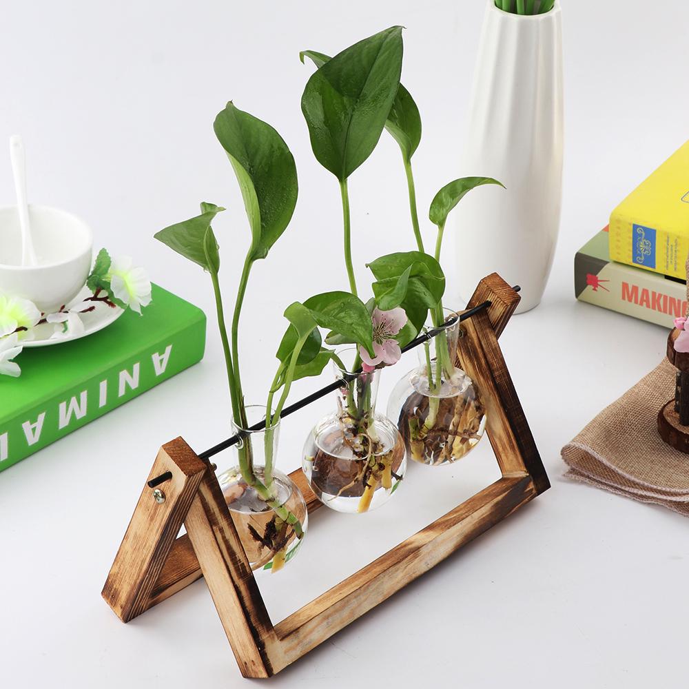 Vintage Glass Vase Transparent Hydroponic Plant Vase with with Wooden Stand for Tabletop Home Decor