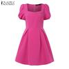 ZANZEA Summer Women Square Collar Short Sleeve Slim Waist Casual A-line Dress