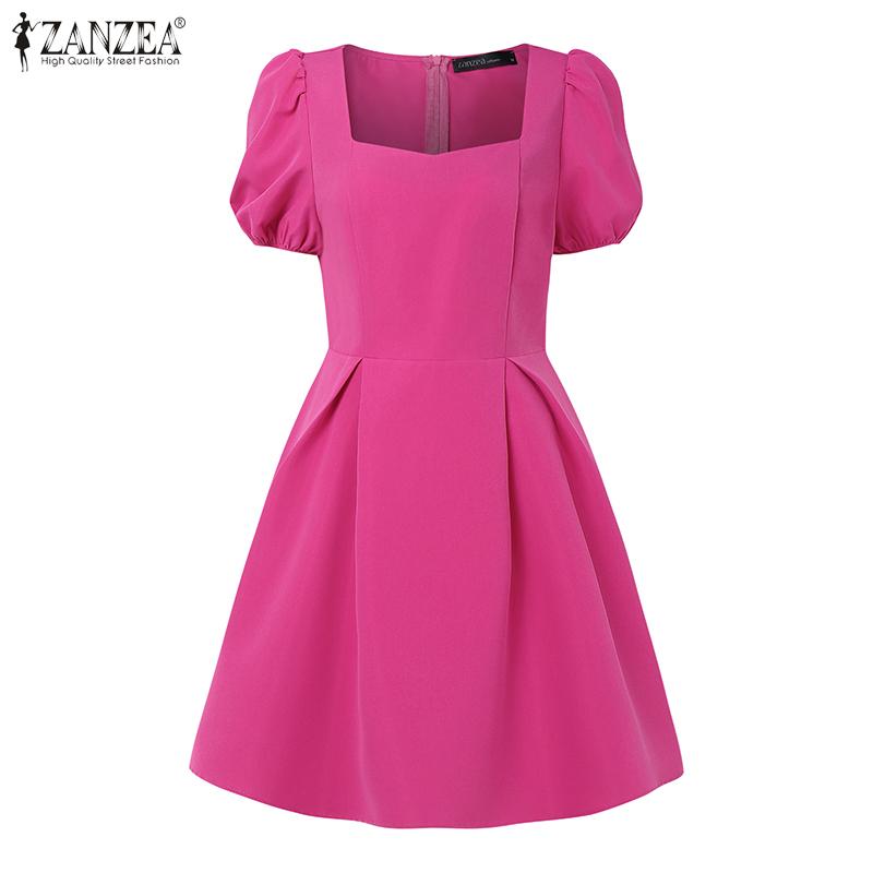 ZANZEA Summer Women Square Collar Short Sleeve Slim Waist Casual A-line Dress