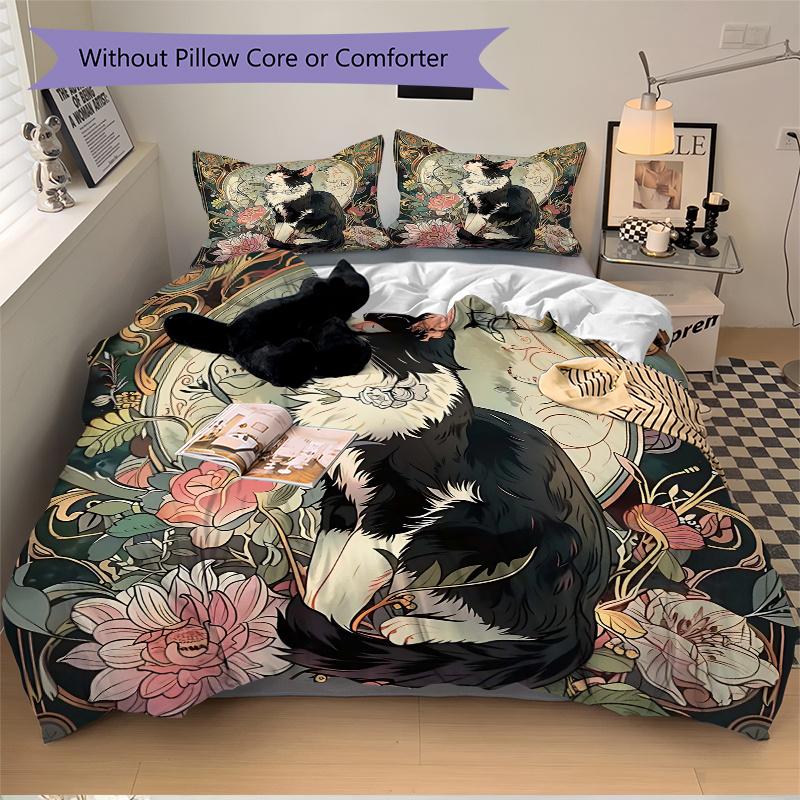 3pcs Black and White Cat Bedding Set, Includes 1 Quilt Cover and 2 Pillowcases, Comfortable Bedding with Stylish Design for Bedroom