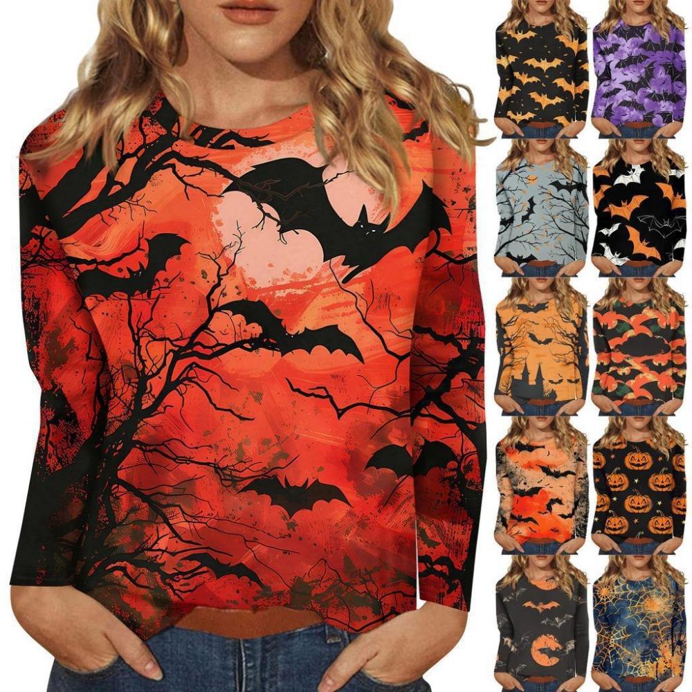 Fashionable 3D digital printed Halloween bat pattern women's round neck long sleeved T-shirt