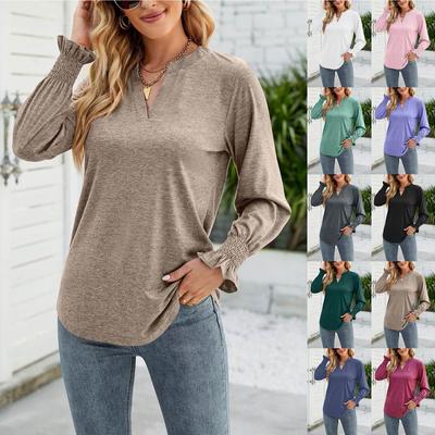 Hiver Femme Mode Décontracté Col en V Couleur Ample Chemise Manches Feuilles Haut