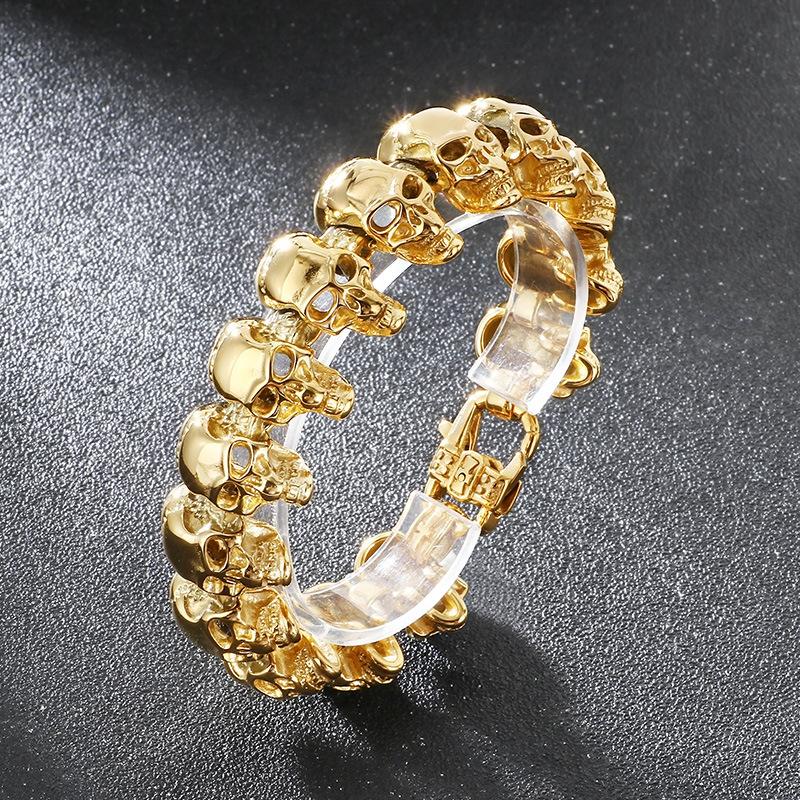 Punk Gold Color Skull Charm Bracelet Men Women Hiphop Rock Black Stainless Steel Skeleton Bike Biker Chain Bangle Jewelry