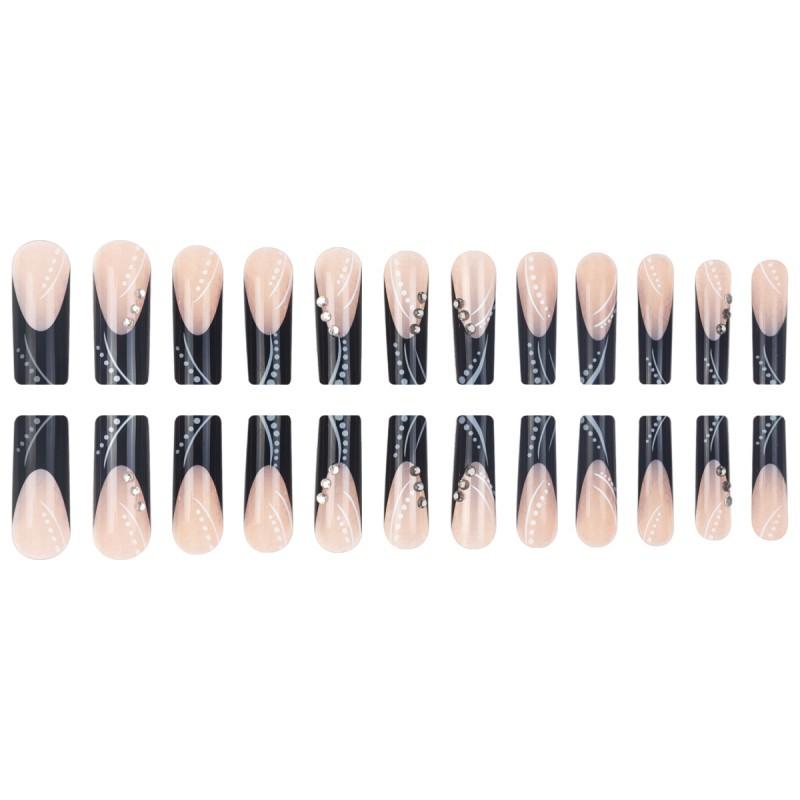 Long Waterdrop Shape Press-On Nails With Glitter Rhinestones French Tip Design Women 24 Pieces Gel Adhesive Jelly Options