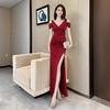 Sexy Nightclub One-word Shoulder Dress KTV Night Evening Dress Long Dress Foot Bath Spa Technician Split Fork Harpoon Dress