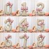 40 Inch Number 0-9 Balloon Cream White with Light Pink Bow Aluminum Foil Balloons New Year Decorations Birthday Party Balloons