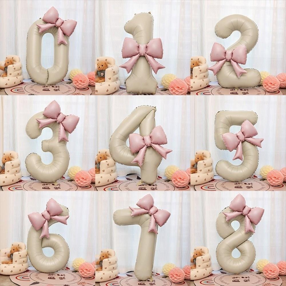 40 Inch Number 0-9 Balloon Cream White with Light Pink Bow Aluminum Foil Balloons New Year Decorations Birthday Party Balloons