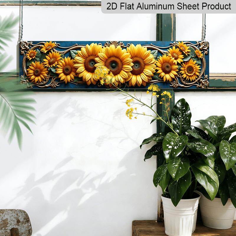 2D Flat, 1pc Vintage Sunflower Metal Wall Art Sign - Rustic Golden Farmhouse Aluminum Decorative Sign with Vibrant Yellow Sunflowers, Durable Easy