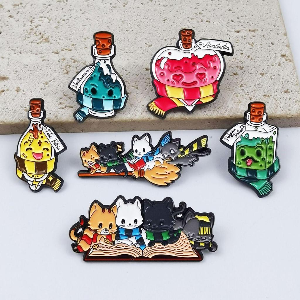 Adorable Cat on Flying Broom Brooch with Scarf and Bottle - Cute Badge Accessory