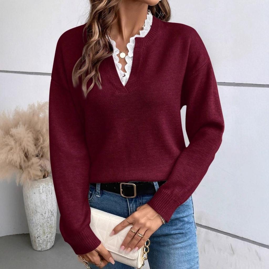 Lace Lace, V-neck, Sweater, Solid Color, Loose Fit, Long Sleeved, Women's, Knitted Sweater, Warm, Casual Shirt