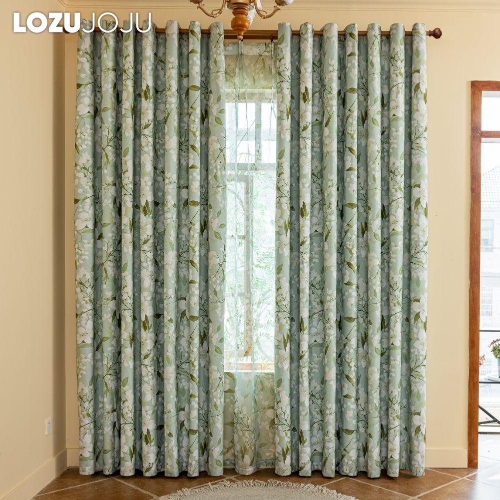 1PC LOZUJOJU Fashionable and Versatile Gardenia Green Printed Curtains Full Blackout Curtains for Bedroom Living Room Balcony Window for Home Decor